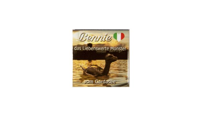 Small magnet with Bennie the lovable monster of lake Garda and sundown Bthemonster.com